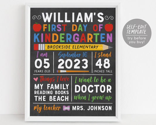 First Or Last Day Of Kindergarten Sign Unisex Boy Editable Template, Chalkboard Back to School Photo Picture Prop Printable, 1st Day