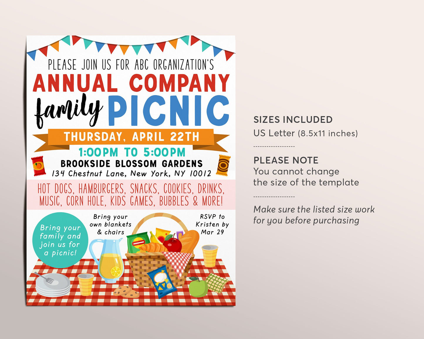 Company Picnic Flyer Editable Template, Staff Employee Customer Appreciation Lunch, Spring Summer Family Picnic Workplace Fundraiser Invite