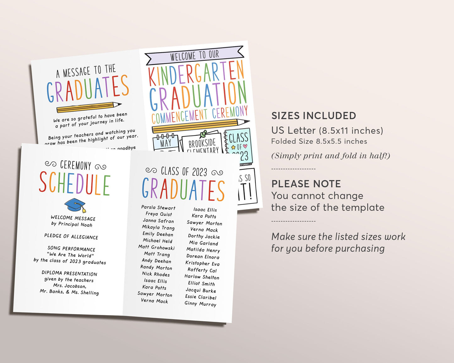 Graduation Program Editable Template for Kindergarten, Pre-K Preschool Ceremony Child Care Learning Center, Pamphlet Booklet Commencement