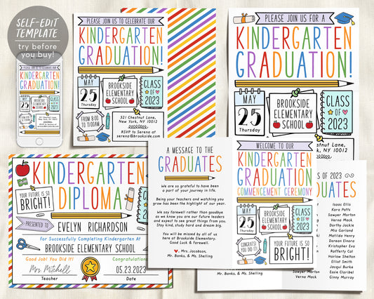 Kindergarten Graduation Ceremony BUNDLE Editable Template, Class Graduation Program, Preschool Announcement Invitation Invite, PreK Flyer