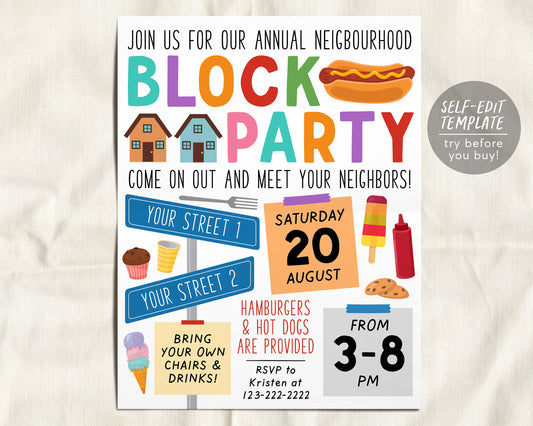 Neighborhood Block Party Invitation Editable Template, Neighborhood Open House, BBQ Picnic Summer Party Flyer, Street Party Community Dinner