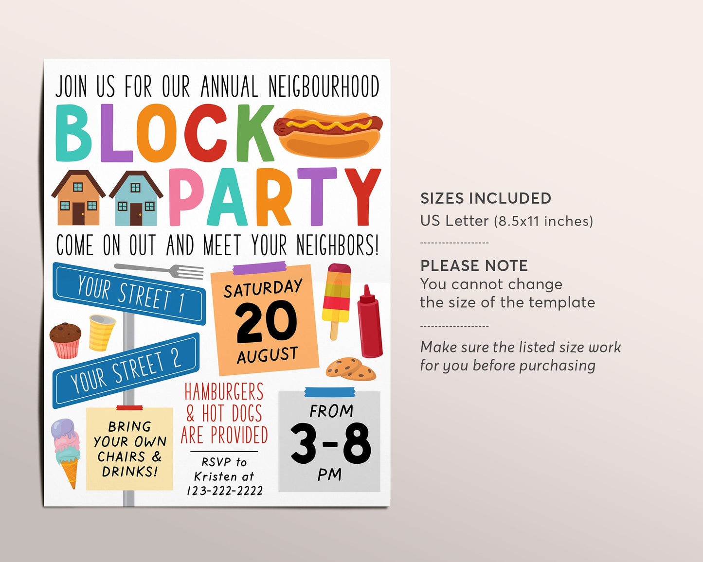 Neighborhood Block Party Invitation Editable Template, Neighborhood Open House, BBQ Picnic Summer Party Flyer, Street Party Community Dinner