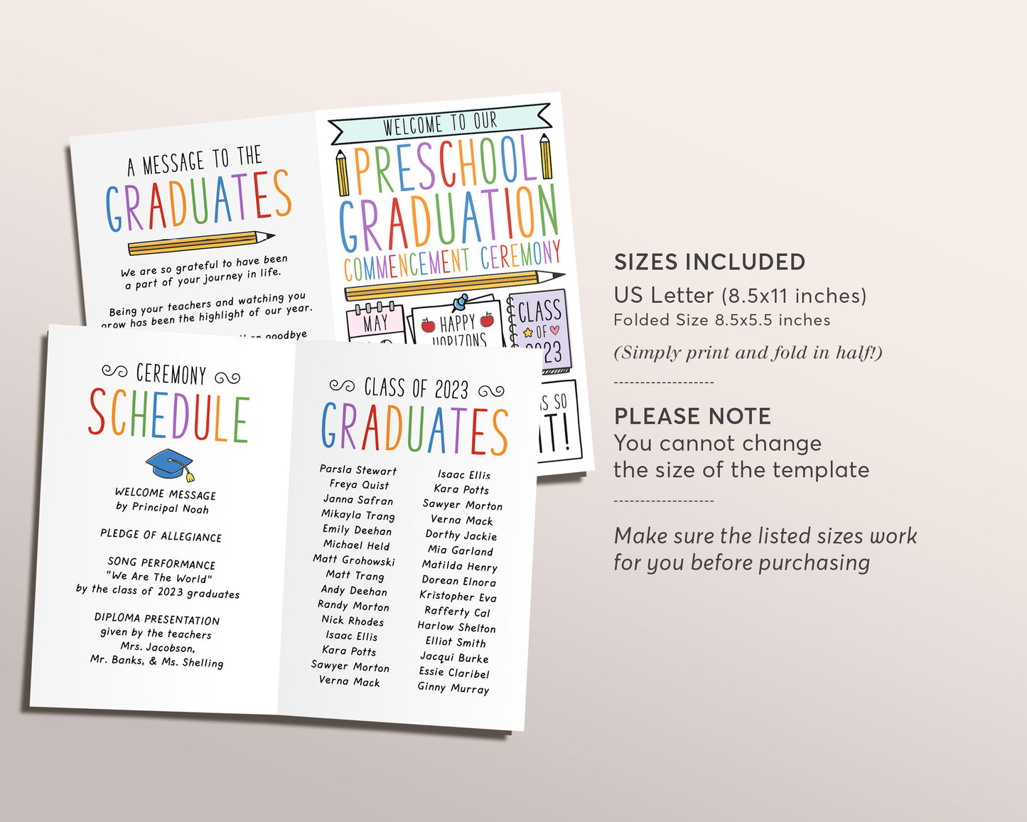 Graduation Program Editable Template for Preschool, Pre-K Ceremony Program Child Care Learning Center, Pamphlet Booklet Daycare Commencement