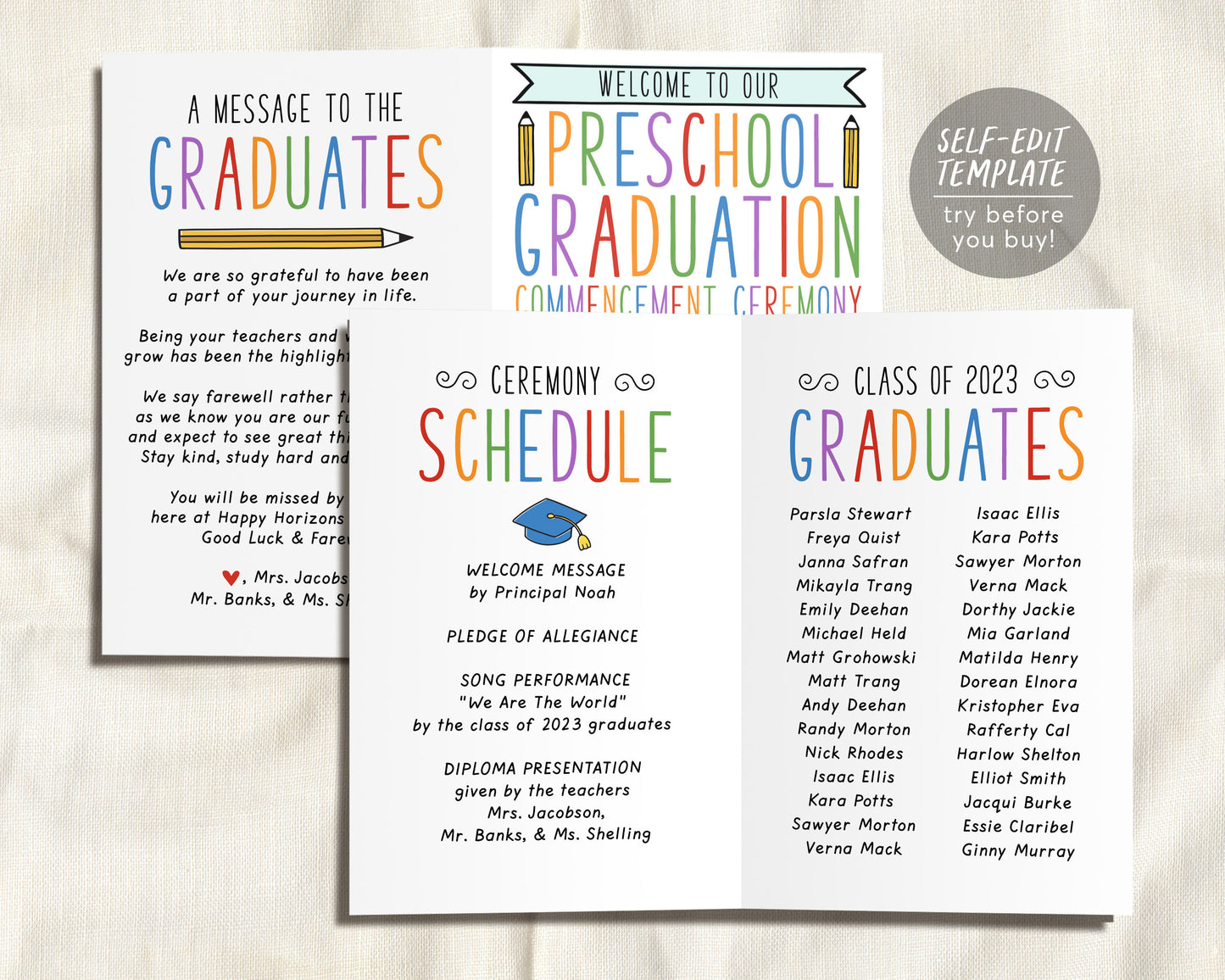 Graduation Program Editable Template for Preschool, Pre-K Ceremony Program Child Care Learning Center, Pamphlet Booklet Daycare Commencement