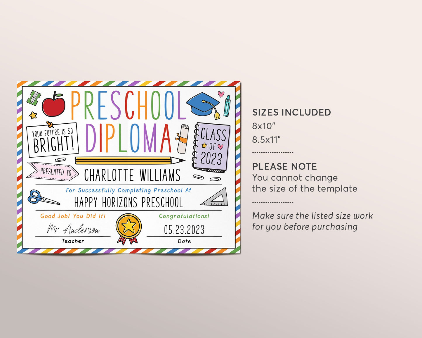 Preschool Graduation Diploma Editable Template, PreK Pre-K Kindergarten Certificate of Completion, Last Day of Preschool Sign Printable