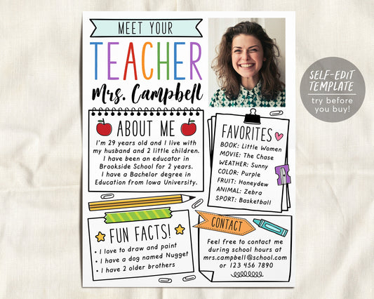 Meet The Teacher Editable Template, Back To School Welcome Letter Printable Start of School Elementary Newsletter Parent Communication Form
