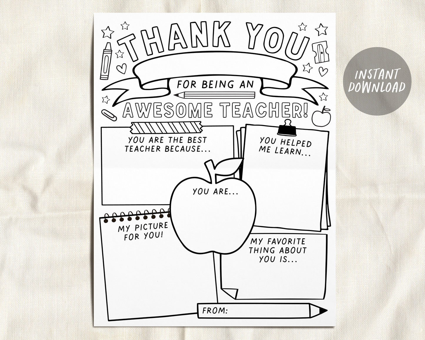 Teacher Appreciation Week Printable, Teacher Coloring Page Survey Elementary Kindergarten, Teacher Thank You, All About My Teacher Download