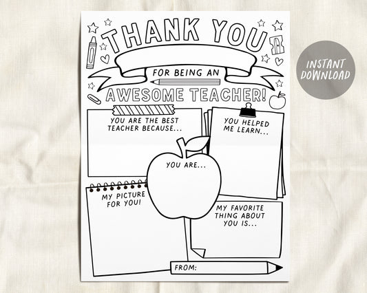 Teacher Appreciation Week Printable, Teacher Coloring Page Survey Elementary Kindergarten, Teacher Thank You, All About My Teacher Download