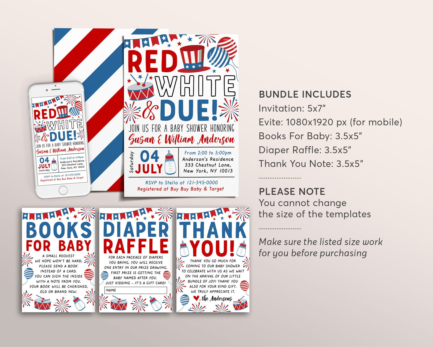 4th of July Gender Reveal Party BUNDLE Suite Set Editable Template, Red White and Due Baby Shower Invitation, Book Request Diaper Raffle