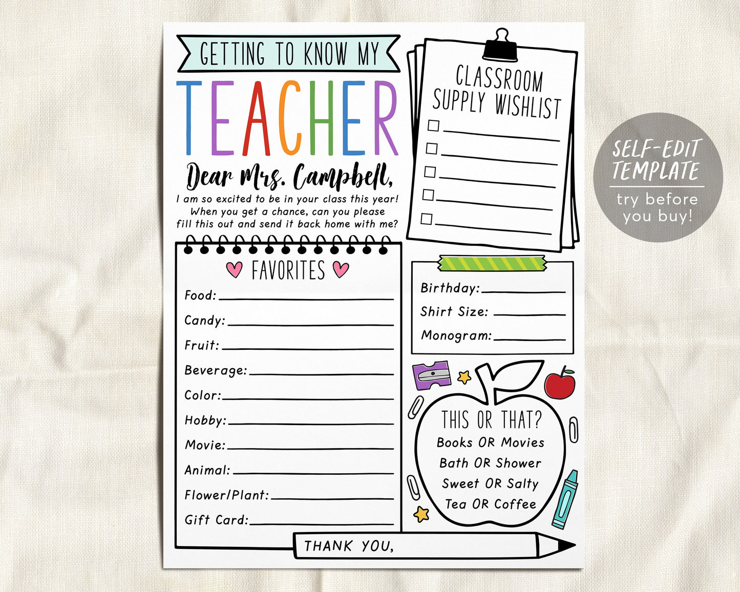 Favorites Teacher Survey Editable Template, Getting To Know My Teacher Questionnaire Worksheet, All About My Teacher, Back To School