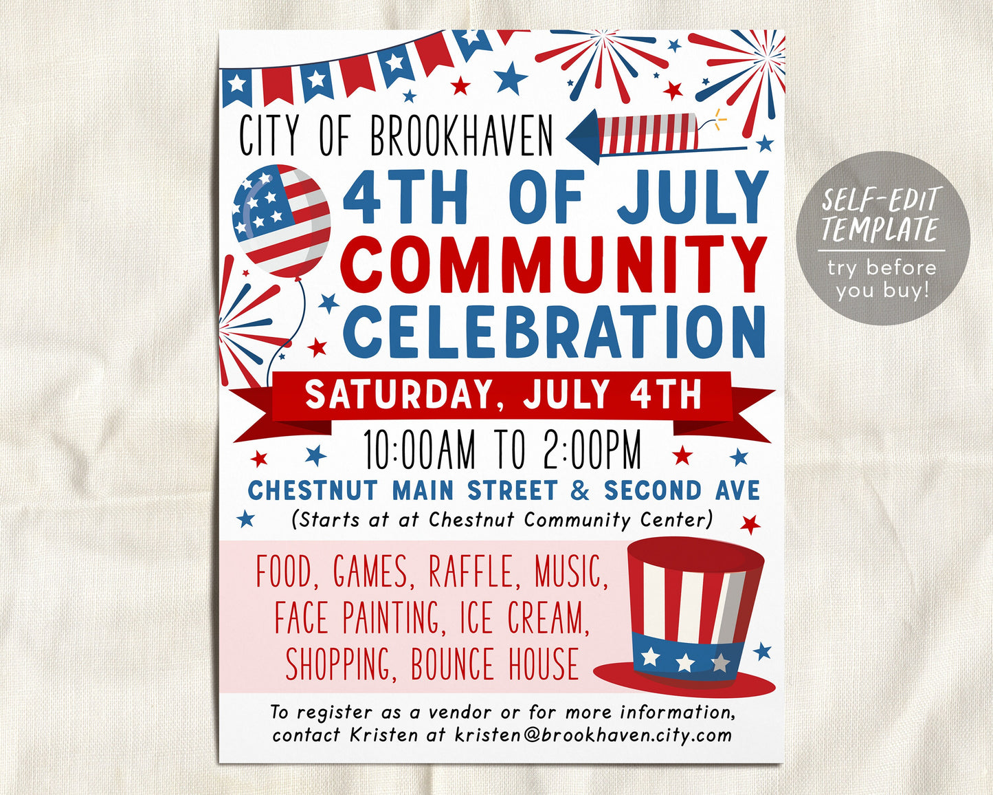 4th of July Community Parade Flyer Invitation Editable Template, Independence Day Neighborhood Block Party Fourth of July Celebration Summer