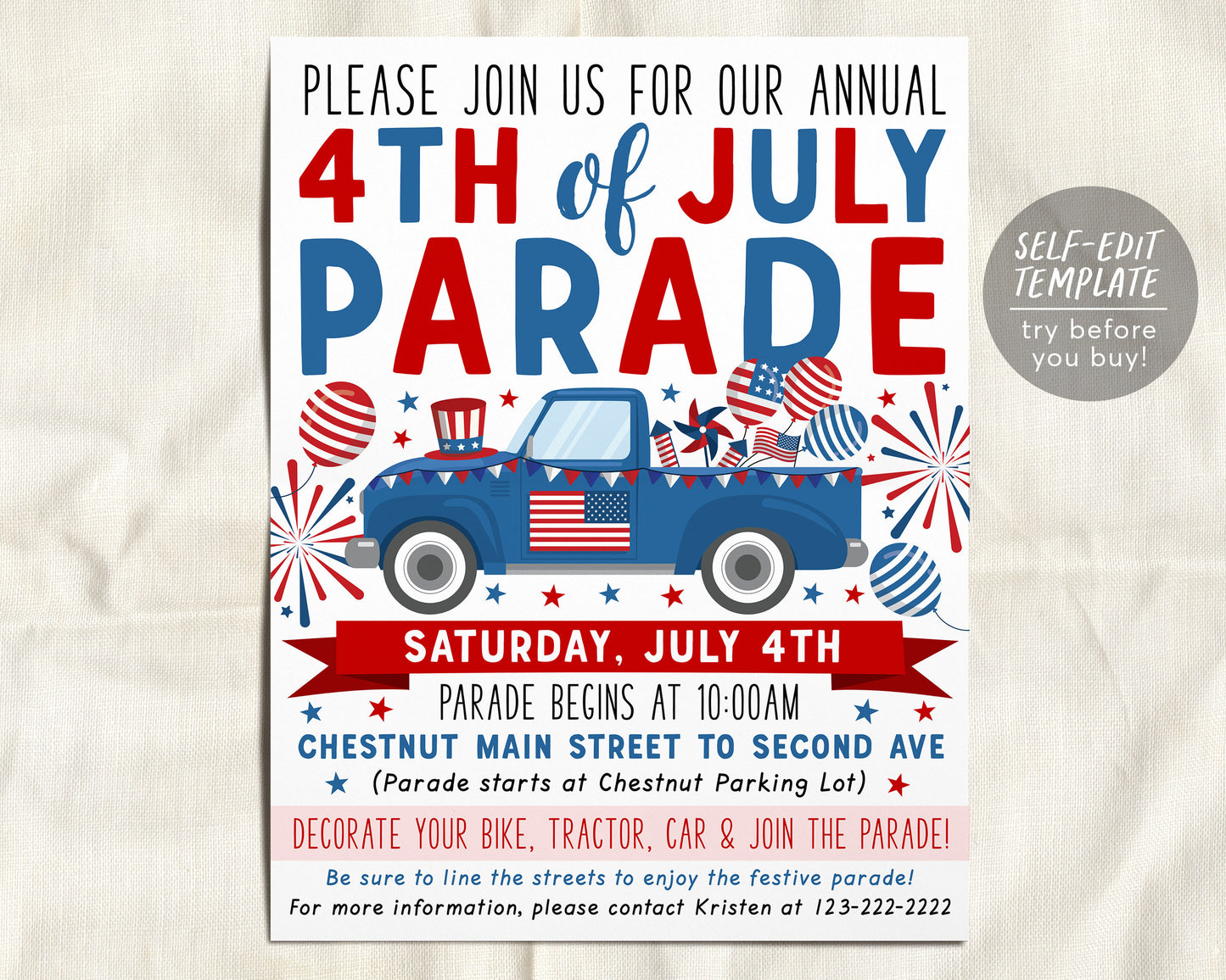 4th of July Car Parade Flyer Invitation Editable Template, Decorated Bike Truck Tractor Bicycle Tricycle Parade, Stars And Stripes
