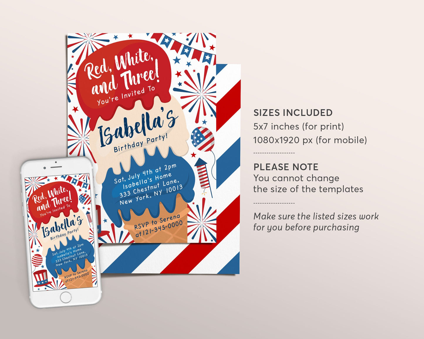 4th Of July Ice Cream Birthday Invitation Editable Template, Stars And Stripes Patriotic Ice Cream Truck Party Invite Evite, Red White Blue