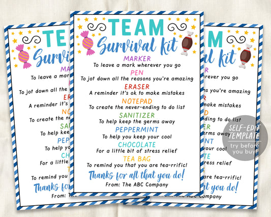 Team Survival Kit Tag Editable Template, Staff Appreciation Week, Welcome Gift Tags, Employee Treat Pack, Nurse Boss First Day Basket Favor