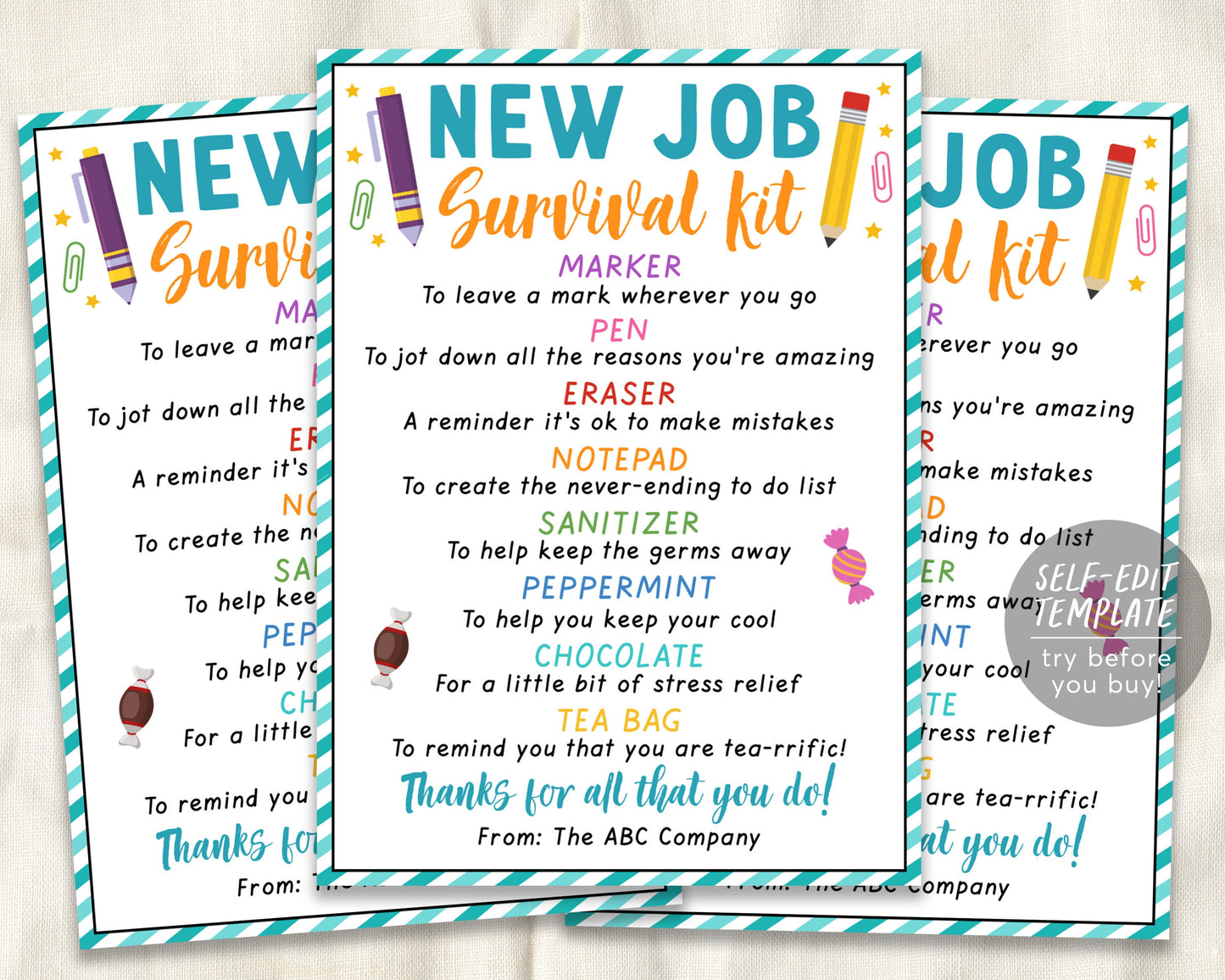 New Job Survival Kit Tag Editable Template, Career Congratulations Gift Idea, Welcome Staff Coworker Employee Gift Tags, Employee Treat