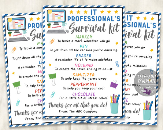 IT Professional Survival Kit Gift Tags Editable Template, National IT Professionals Day, Software Engineer ,Web Designer, IT Coordinator