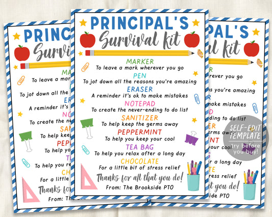 School Principal Survival Kit Editable Template, Principal Appreciation Day Thank You Gift Tags, Back to School Gift PTA PTO Printable