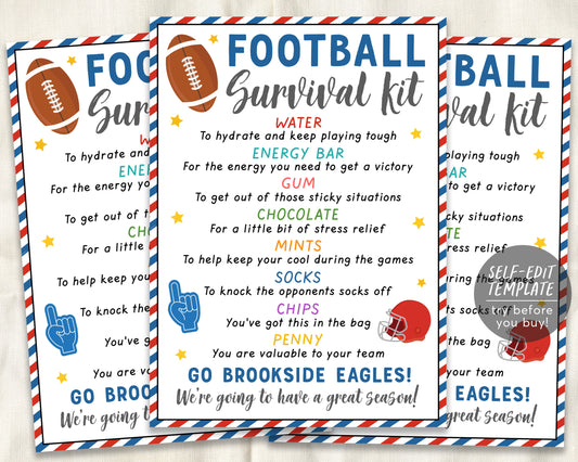 Football Survival Kit Gift Tags Editable Template, Football Player Team Gift Idea, Kids School Sports, Snack Treat Tags, Coaches Game Day