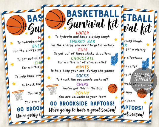Basketball Survival Kit Gift Tags Editable Template, Basketball Player Team Gift Idea, Kids School Sports Snack Treat Tags, Coaches Game Day