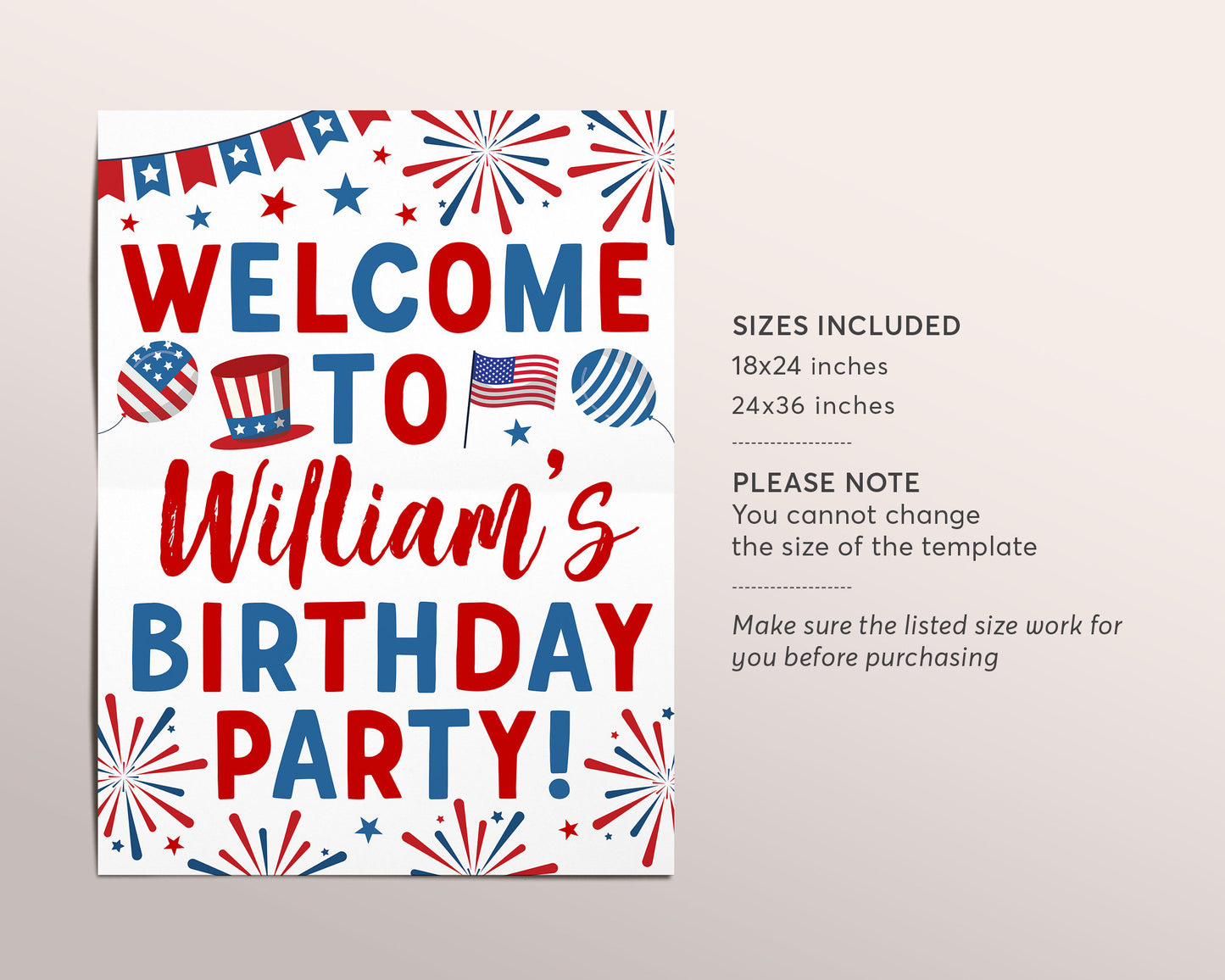 4th of July Birthday Party Welcome Sign Editable Template, Fourth of July Decorations, Independence Day Patriotic Poster Decor Printable