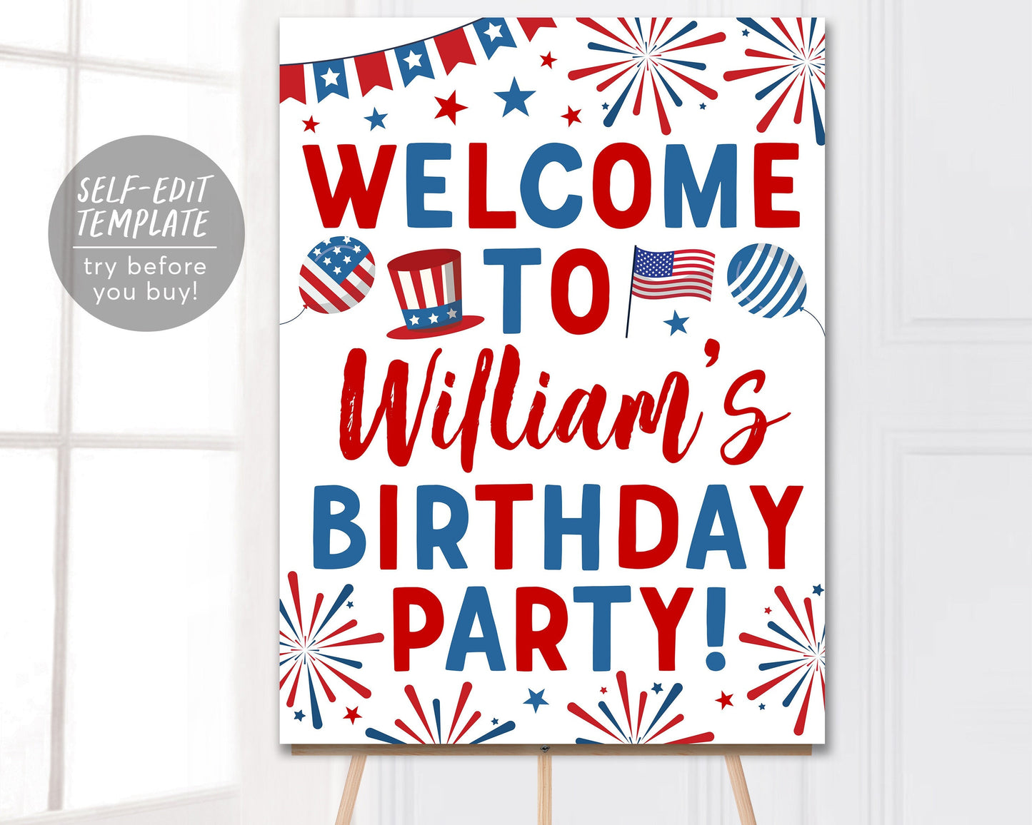 4th of July Birthday Party Welcome Sign Editable Template, Fourth of July Decorations, Independence Day Patriotic Poster Decor Printable