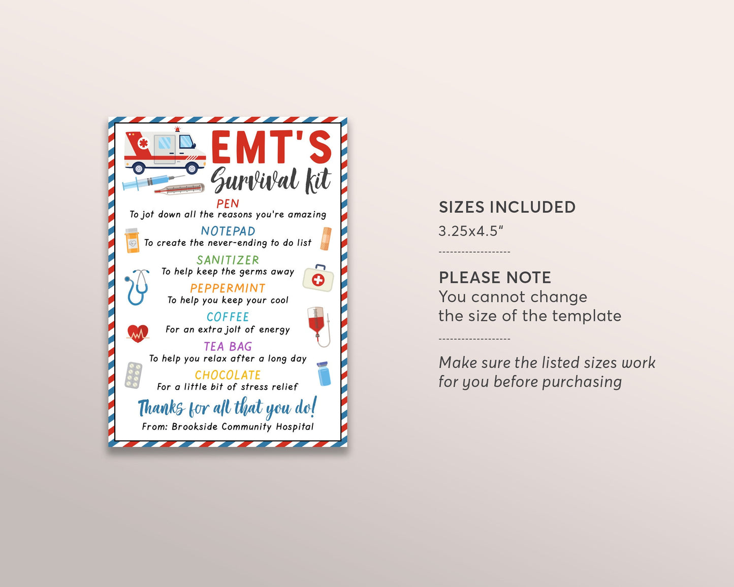 EMT Survival Kit Gift Tags Editable Template, EMT'S Appreciation Thank You, Ambulance Driver Medical Enforcement Staff Appreciation Week