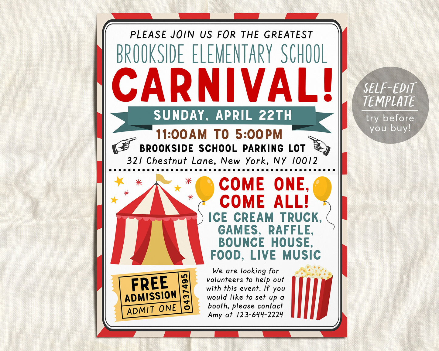 Carnival Fair Event Flyer Editable Template, Family Carnival School PTA PTO Flyer, Circus Party Church Business Charity Benefit Invitation