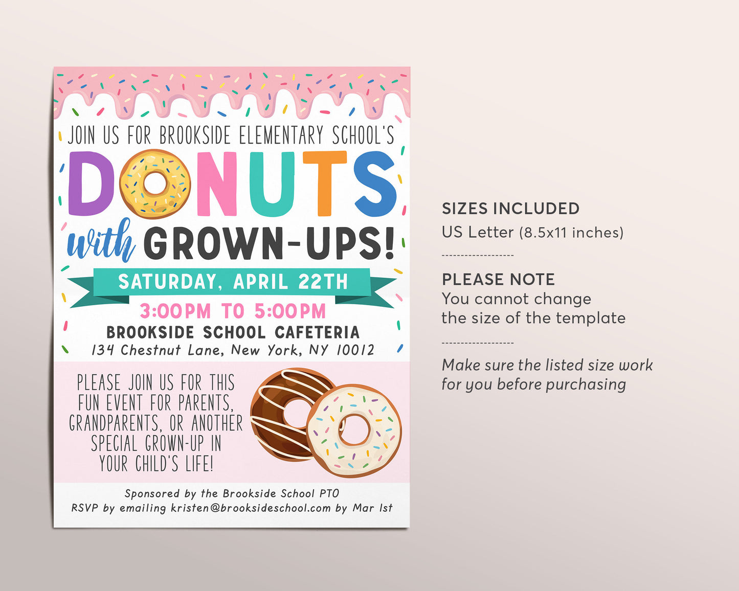 Donuts with Grownups Flyer Editable Template, School Event PTO PTA Adult Parents Grandparent Brunch Lunch Invitation Fundraiser Appreciation
