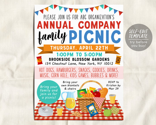 Company Picnic Flyer Editable Template, Staff Employee Customer Appreciation Lunch, Spring Summer Family Picnic Workplace Fundraiser Invite