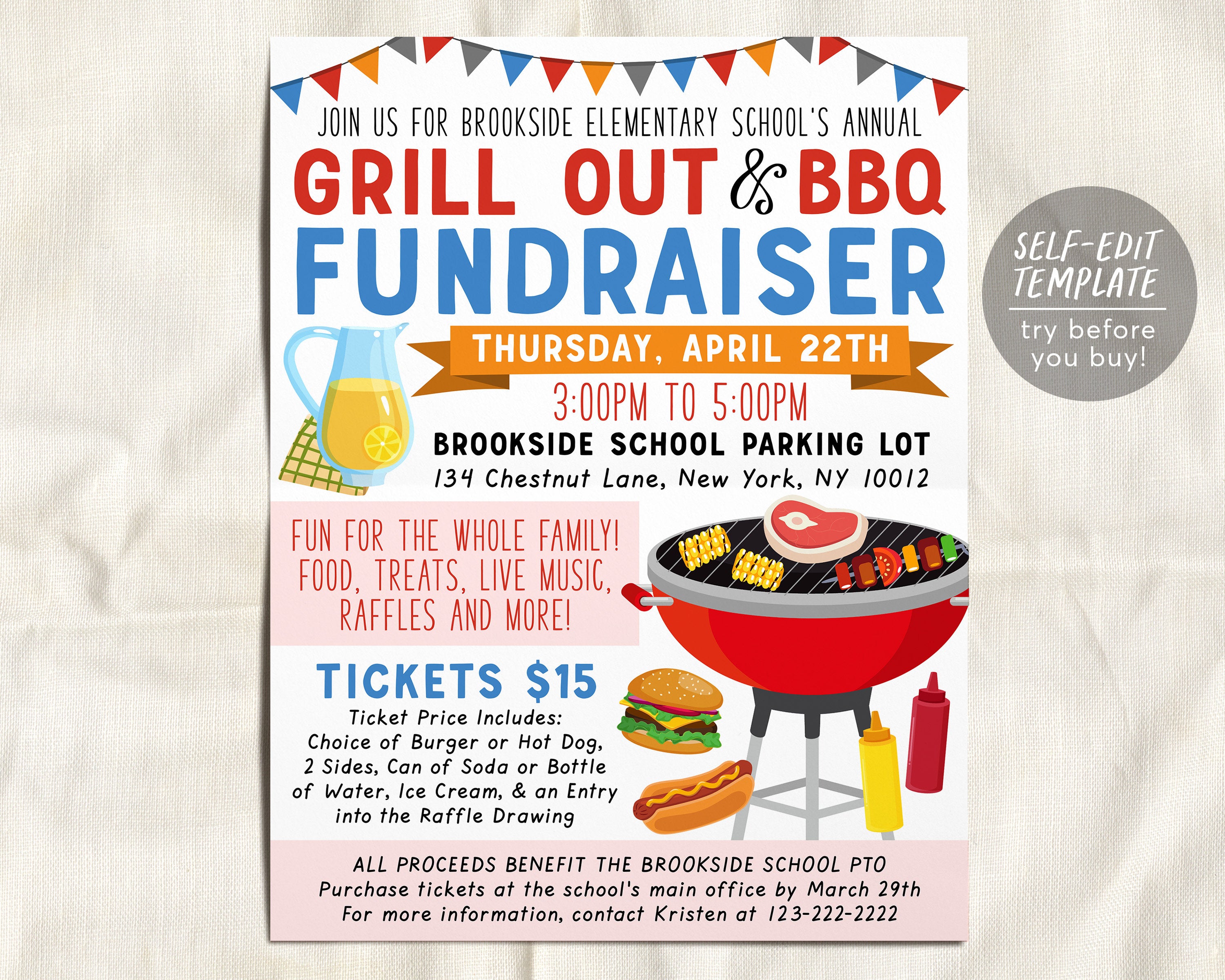 BBQ Grill Out Flyer Editable Template, Family Picnic Barbecue Barbeque