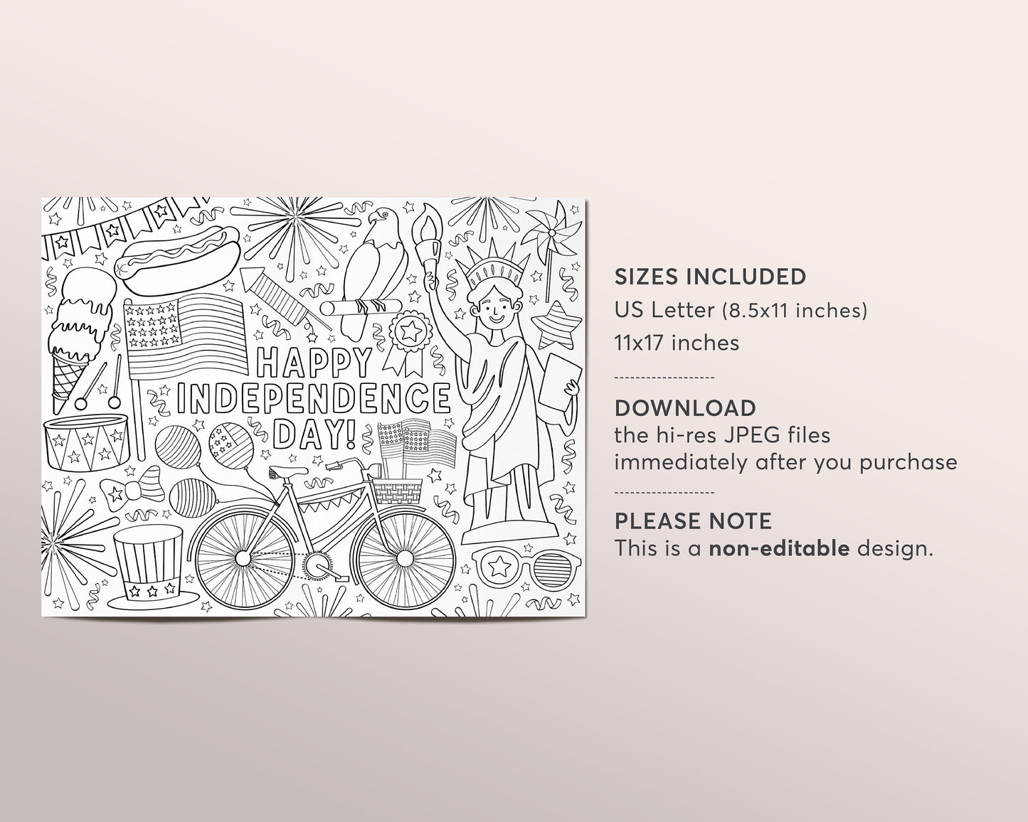 4th of July Coloring Page Placemat For Kids And Adults, Independence Day Patriotic Summer Craft Activity Sheet Printable, Instant Download