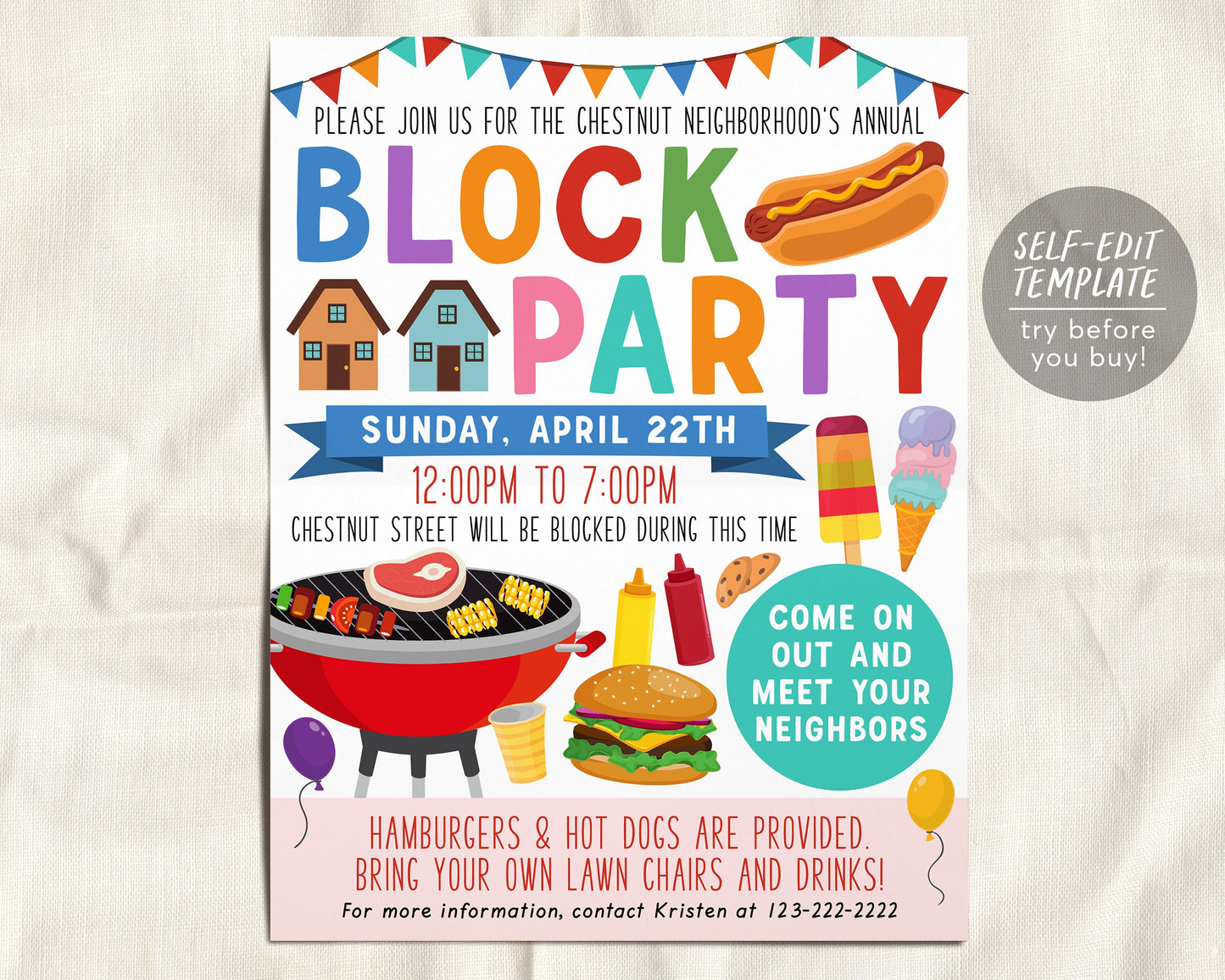 Neighborhood Block Party Invitation Editable Template, Neighborhood Open House, BBQ Picnic Summer Party Flyer, Street Party Community Dinner
