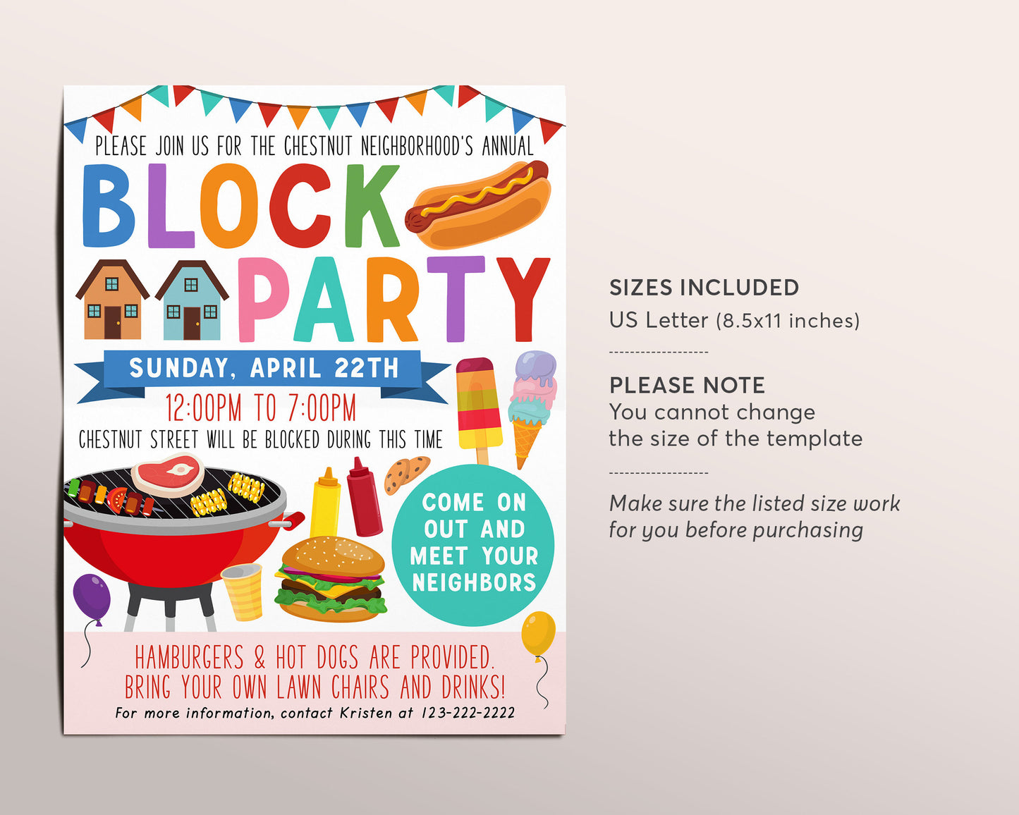 Neighborhood Block Party Invitation Editable Template, Neighborhood Open House, BBQ Picnic Summer Party Flyer, Street Party Community Dinner
