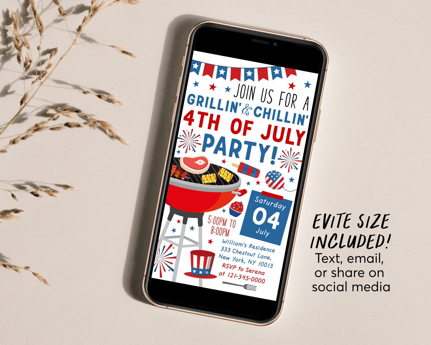 4th of July Invitation Editable Template, Fourth of July Celebration BBQ Invite, Independence Day Grillin And Chillin, Backyard Fireworks