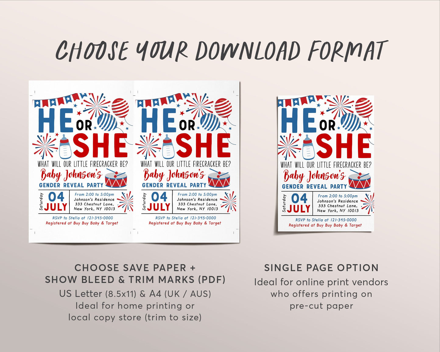 4th of July Gender Reveal Party Editable Template, Fourth of July Baby Shower Invitation, Little Firecracker Fireworks He Or She BabyQ Co-ed