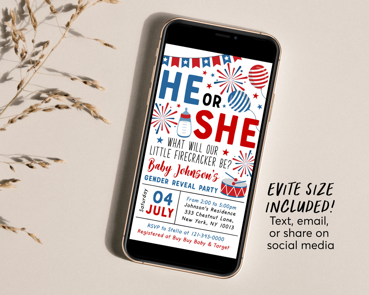 4th of July Gender Reveal Party Editable Template, Fourth of July Baby Shower Invitation, Little Firecracker Fireworks He Or She BabyQ Co-ed