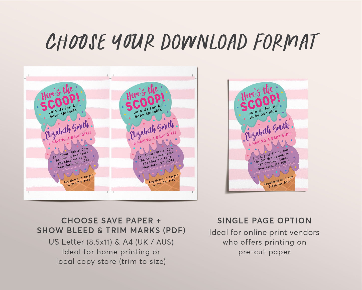 Ice Cream Baby Shower Invitation Editable Template, Here's the Scoop Baby Sprinkle Ice Cream Cone Invite, It's A Girl Blush Pink Printable