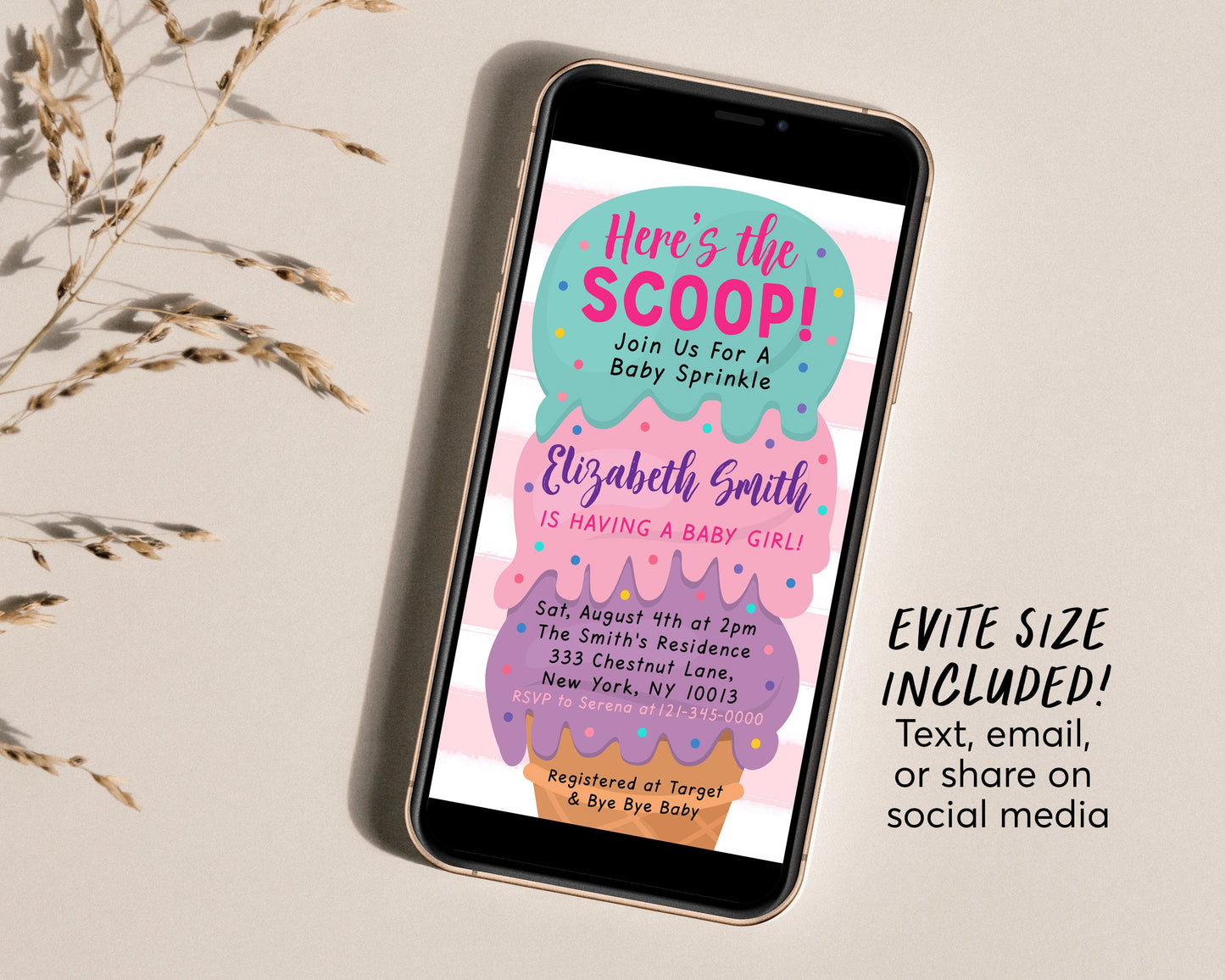 Ice Cream Baby Shower Invitation Editable Template, Here's the Scoop Baby Sprinkle Ice Cream Cone Invite, It's A Girl Blush Pink Printable