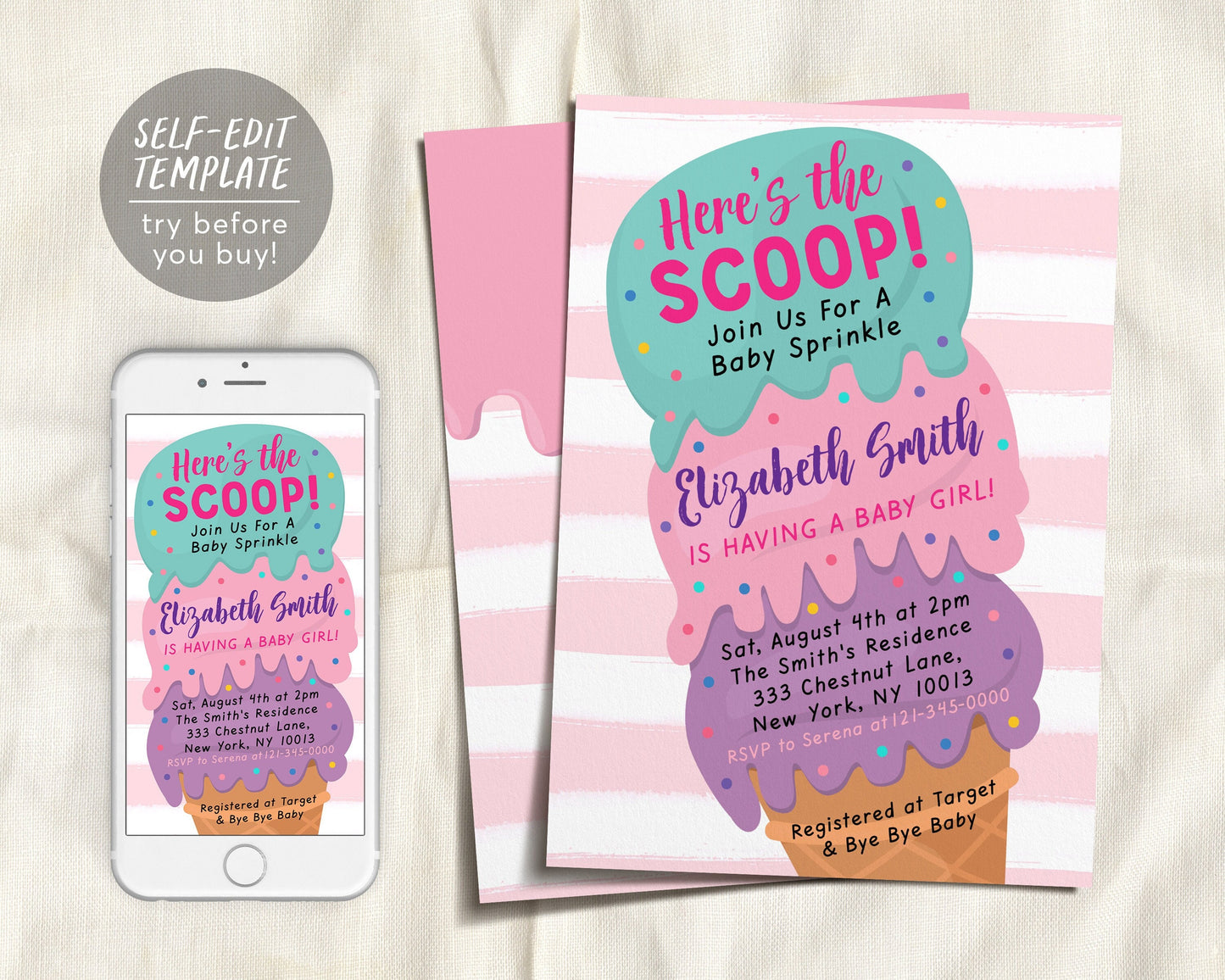 Ice Cream Baby Shower Invitation Editable Template, Here's the Scoop Baby Sprinkle Ice Cream Cone Invite, It's A Girl Blush Pink Printable