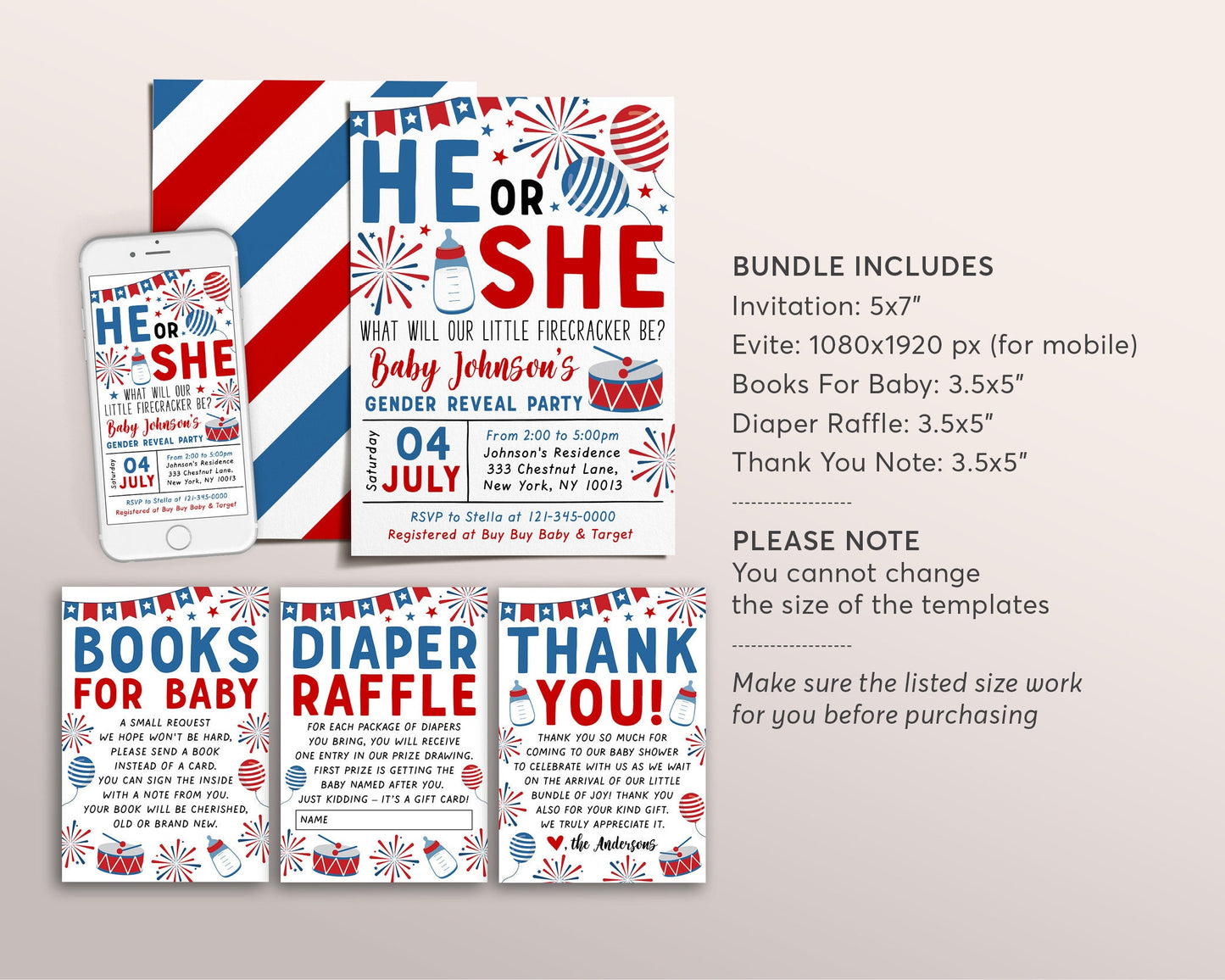 4th of July Gender Reveal Party BUNDLE Suite Set Editable Template, Fourth of July Baby Shower Invitation, Book Request Diaper Raffle