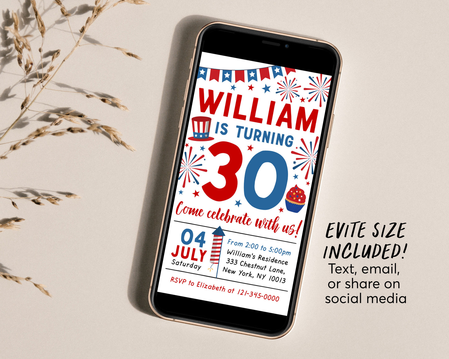 4th of July Birthday Invitation Editable Template, Patriotic 30th Birthday Invite Evite Any Age, Independence Day Red White Blue Stars