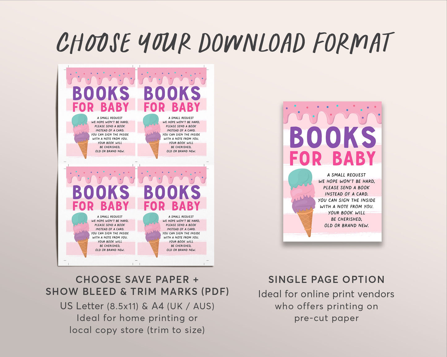 Ice Cream GIRL Baby Shower Invitation BUNDLE Suite Set Editable Template, Here's the Scoop Baby Sprinkle Invite, Book Request Diaper Raffle