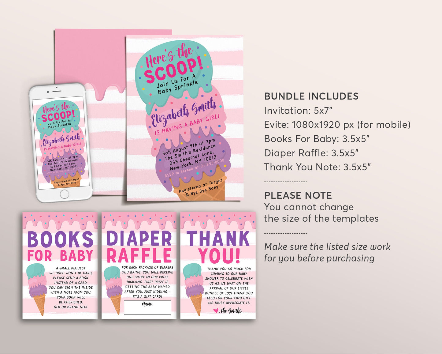 Ice Cream GIRL Baby Shower Invitation BUNDLE Suite Set Editable Template, Here's the Scoop Baby Sprinkle Invite, Book Request Diaper Raffle