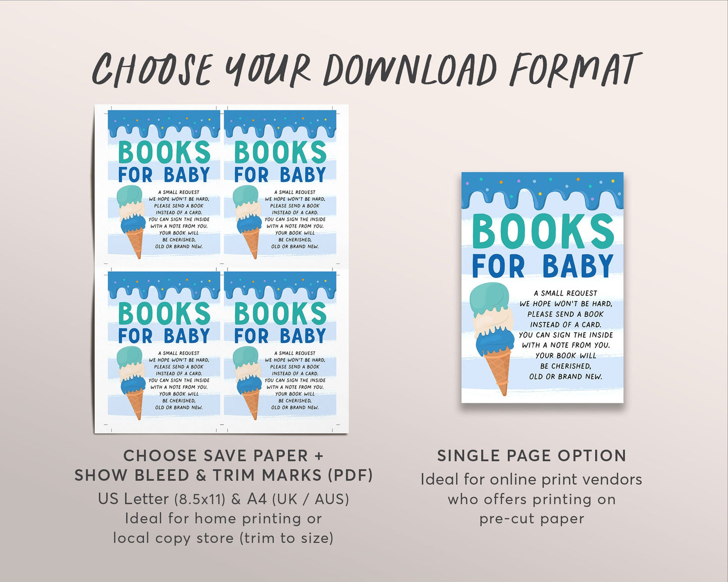 Ice Cream BOY Baby Shower Invitation BUNDLE Suite Set Editable Template, Here's the Scoop Baby Sprinkle Invite, Book Request Diaper Raffle
