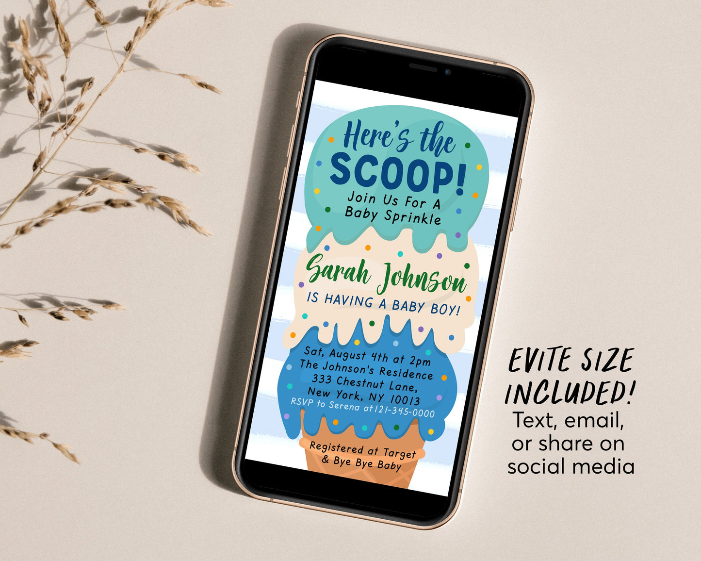 Ice Cream Baby Shower Invitation Editable Template, Here's the Scoop Baby Sprinkle Ice Cream Cone Invite, It's A Boy Blue Unisex Printable