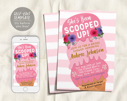 Ice Cream Bridal Shower Invitation Editable Template, She's Been Scooped Up Summer Bridal Brunch, Pink Floral Cone Engagement Invite Evite
