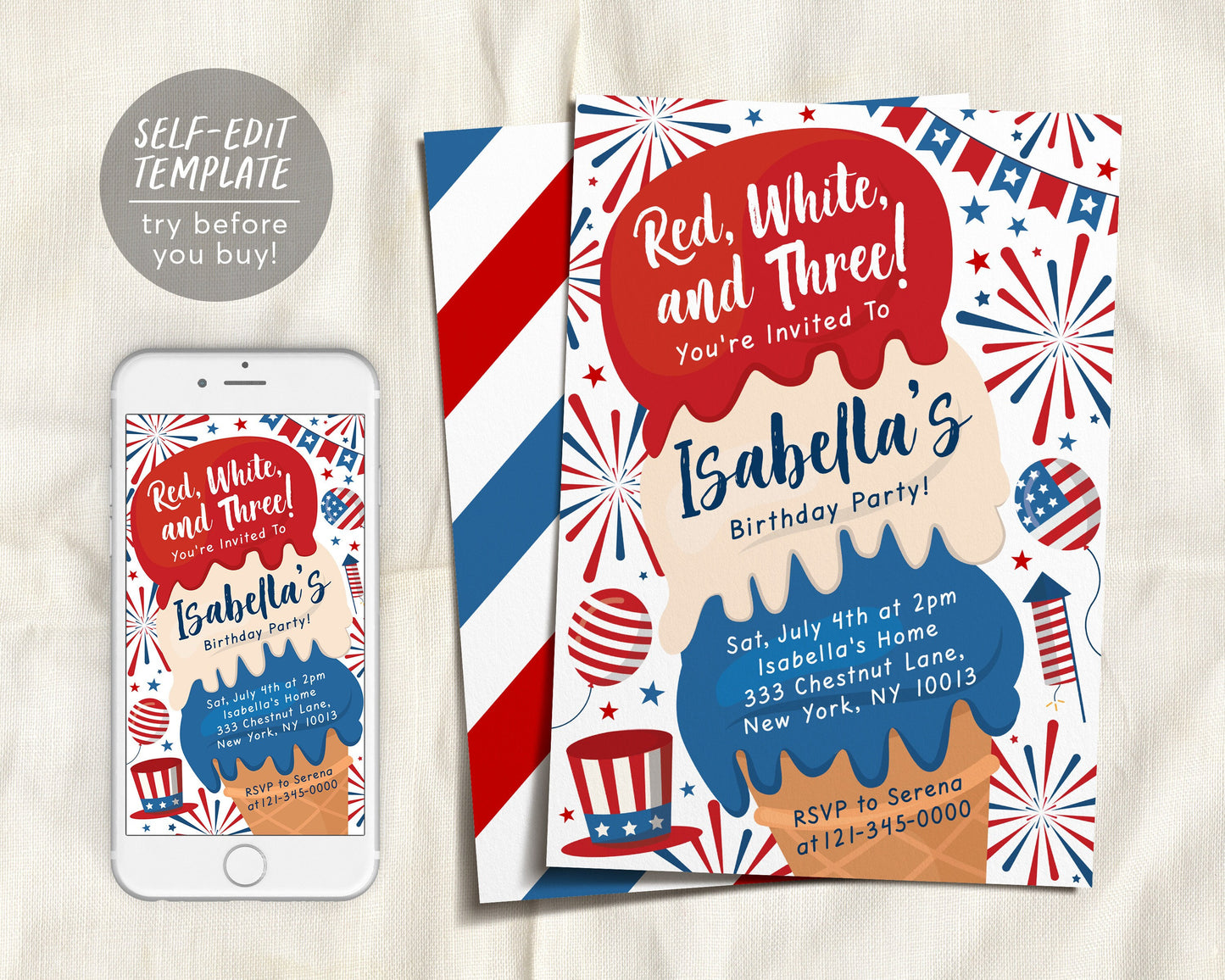 4th Of July Ice Cream Birthday Invitation Editable Template, Stars And Stripes Patriotic Ice Cream Truck Party Invite Evite, Red White Blue