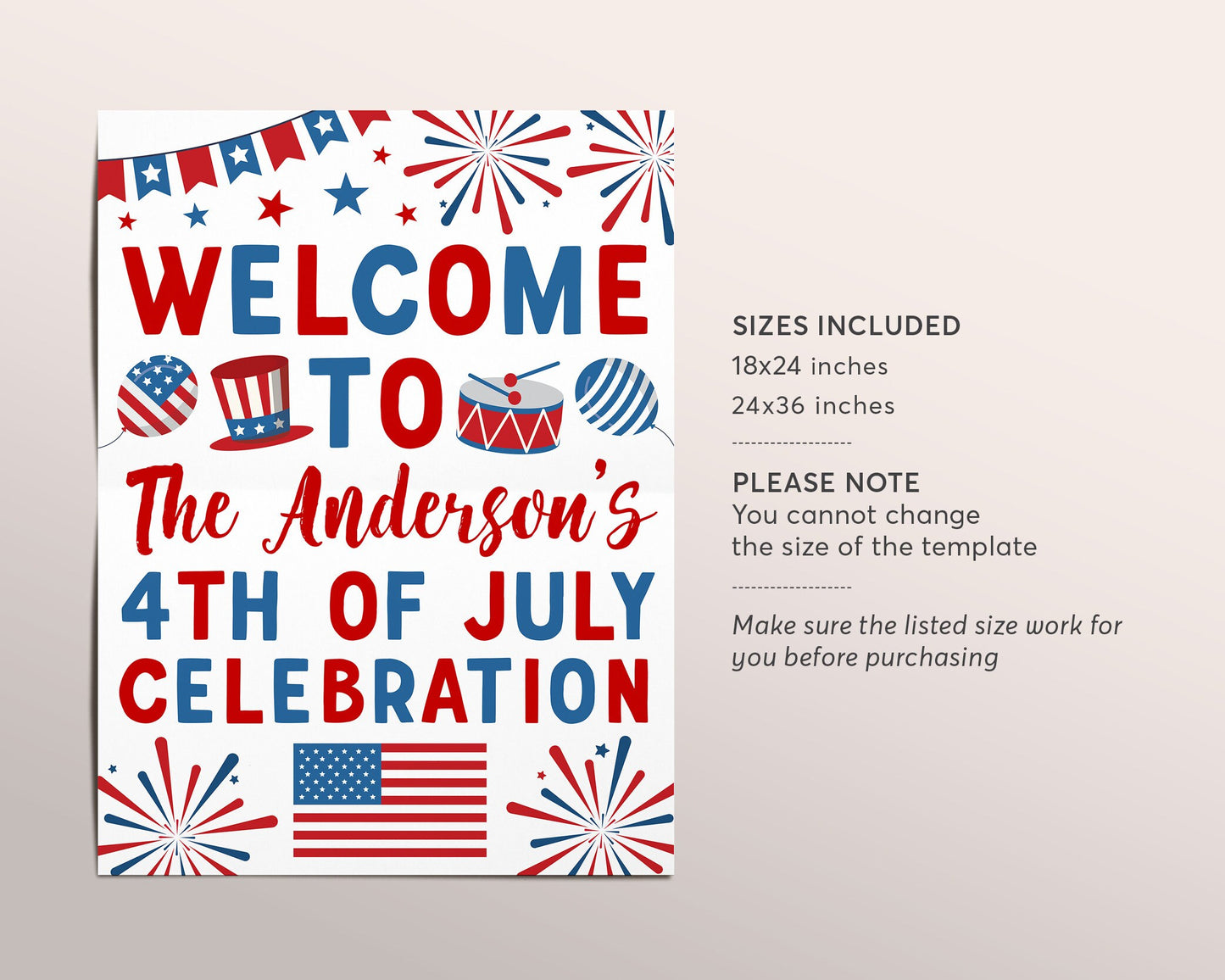 4th of July Celebration Welcome Sign Editable Template, Fourth of July BBQ Block Party Decorations, Independence Day Poster Fireworks