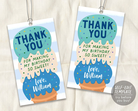 Ice Cream Birthday Party Thank You Gift Tag Editable Template, Ice Cream Sweet One Boy Summer Favor Tags Printable, Instant Download