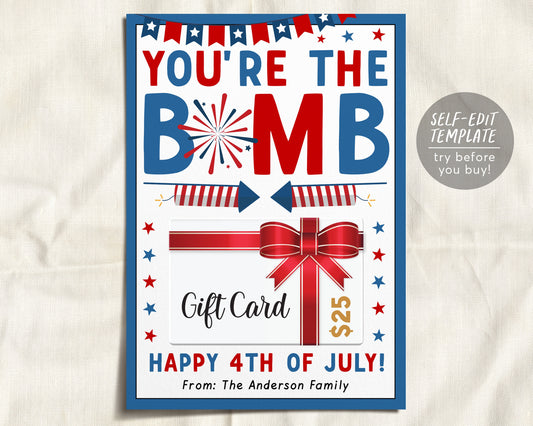 4th of July Gift Card Holder Editable Template, Fourth Of July Patriotic Gift Ideas, Teacher PTO PTA Babysitter Nurse Customer Appreciation